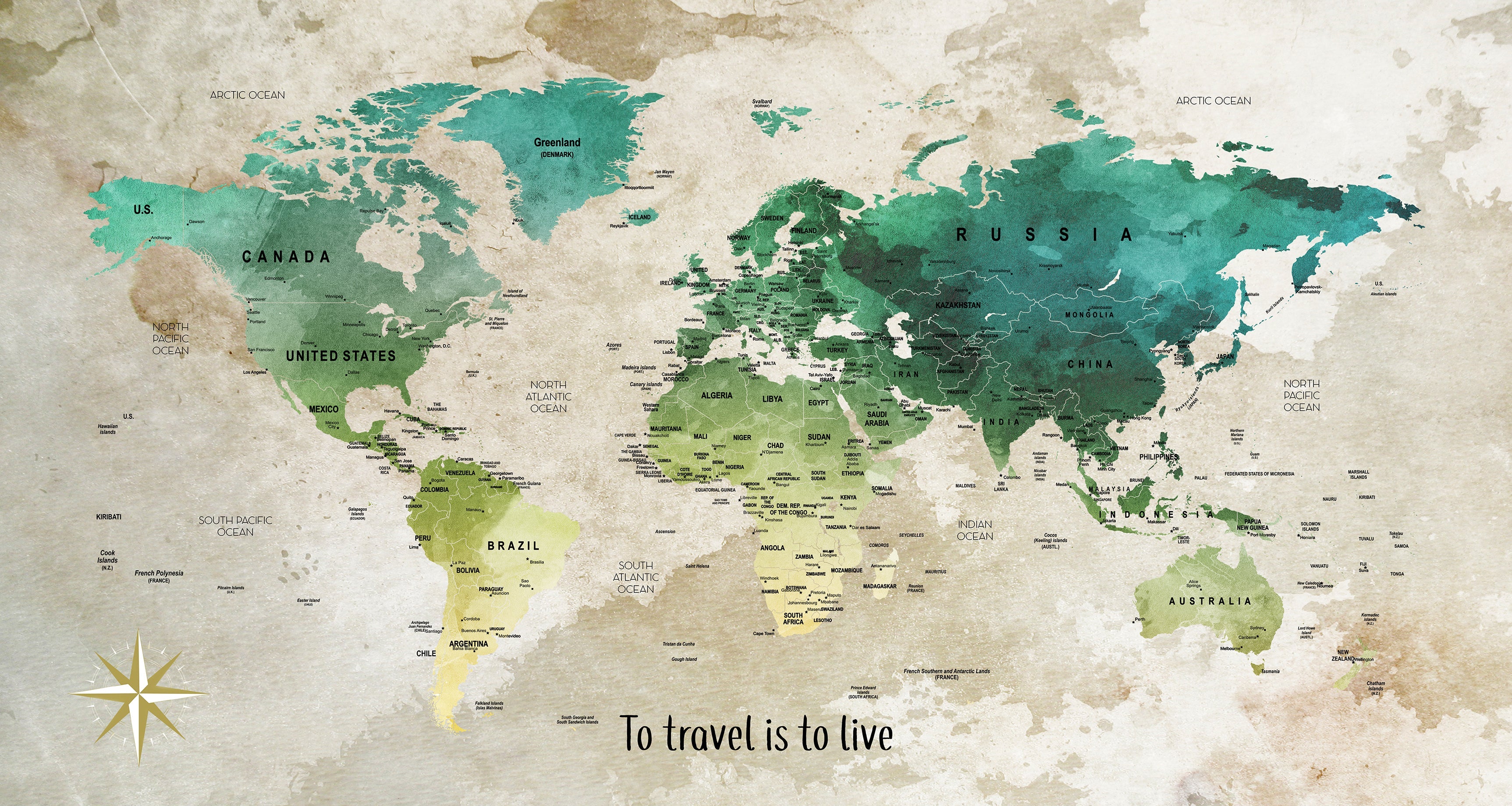 Push Pin Travel Map - Greens and Yellow